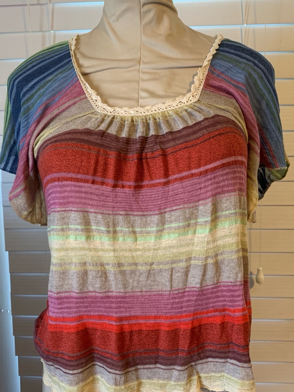 Women’s Vintage Striped linen and lace Scoop Neck Top Boho S/M